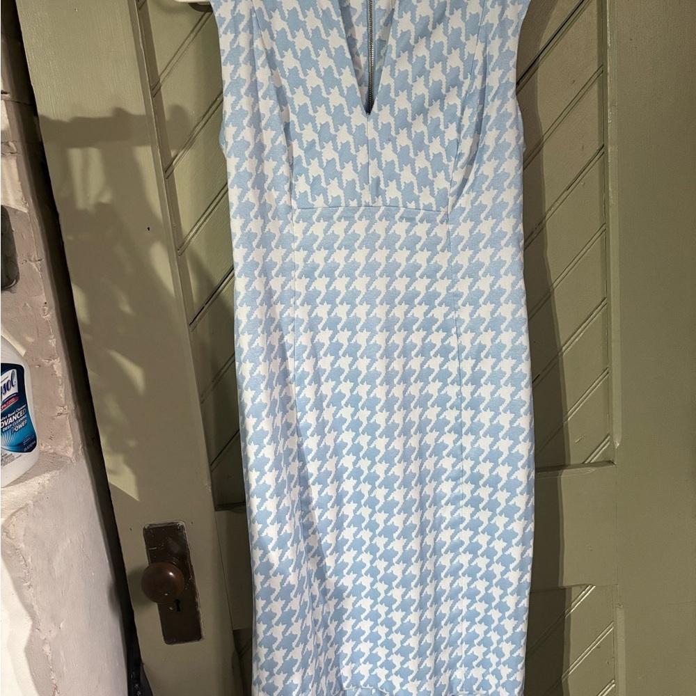 Calvin Klein Blue and White Sheath Dress V-Neck Midi